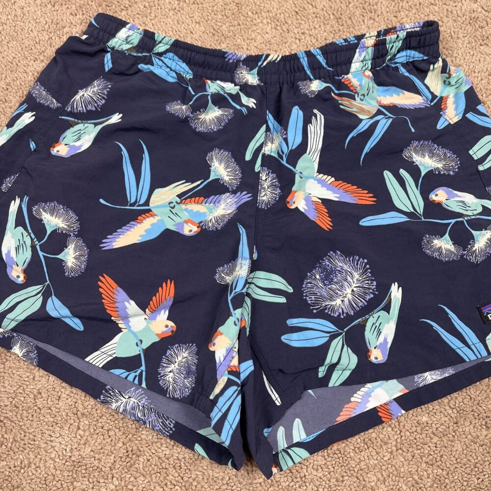 Patagonia Shorts Womens S Blue Pann Parrots Navy Nylon Drawstring Tropical Swim - Picture 2 of 10